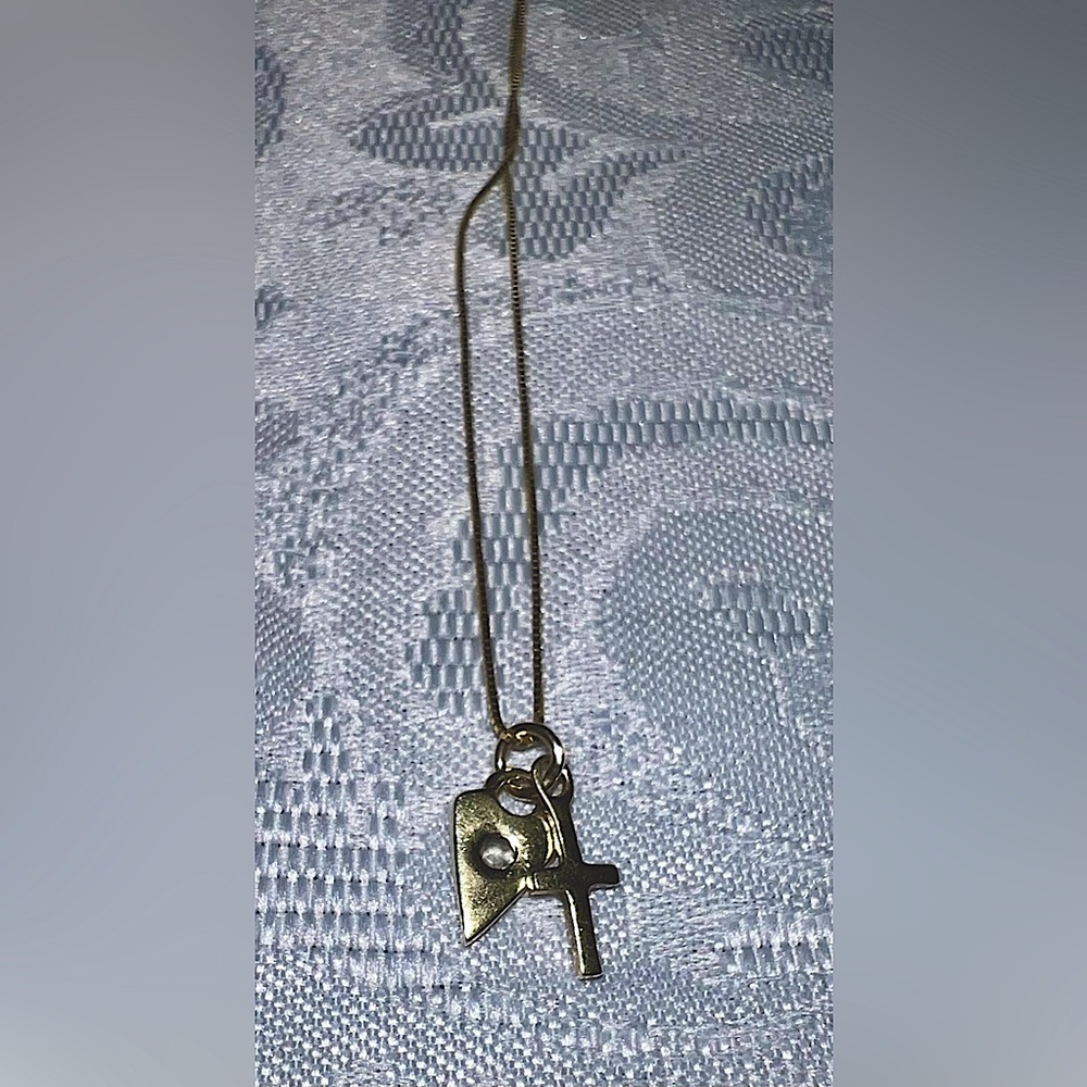 Me & Ro Gold Small Heart with Diamond and Cross Necklace Pendant with Chain